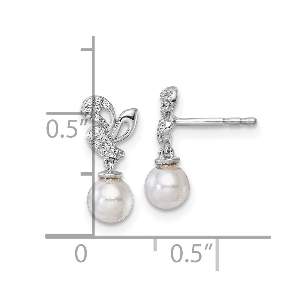 14K White Gold Polished Diamond and Pearl Dangle Post Earrings