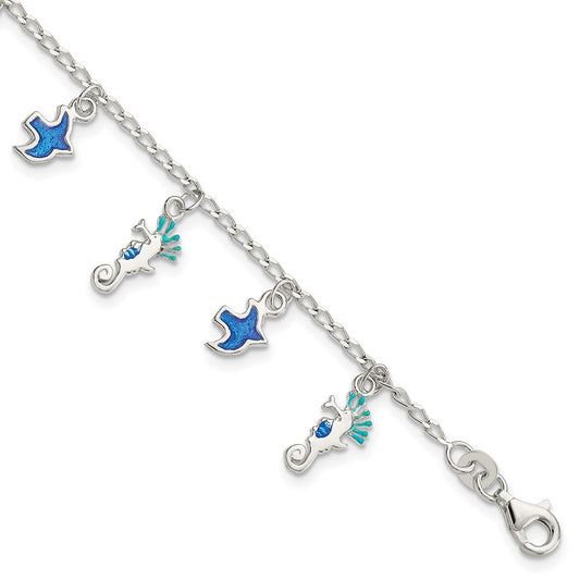 Sterling Silver Enameled Seahorse & Birds w/ 1in ext. Children's Bracelet 5 inches