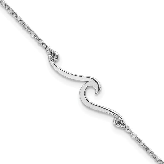 Sterling Silver Rhodium-plated Polished Wave 9 inch with a 1 inch extention Anklet