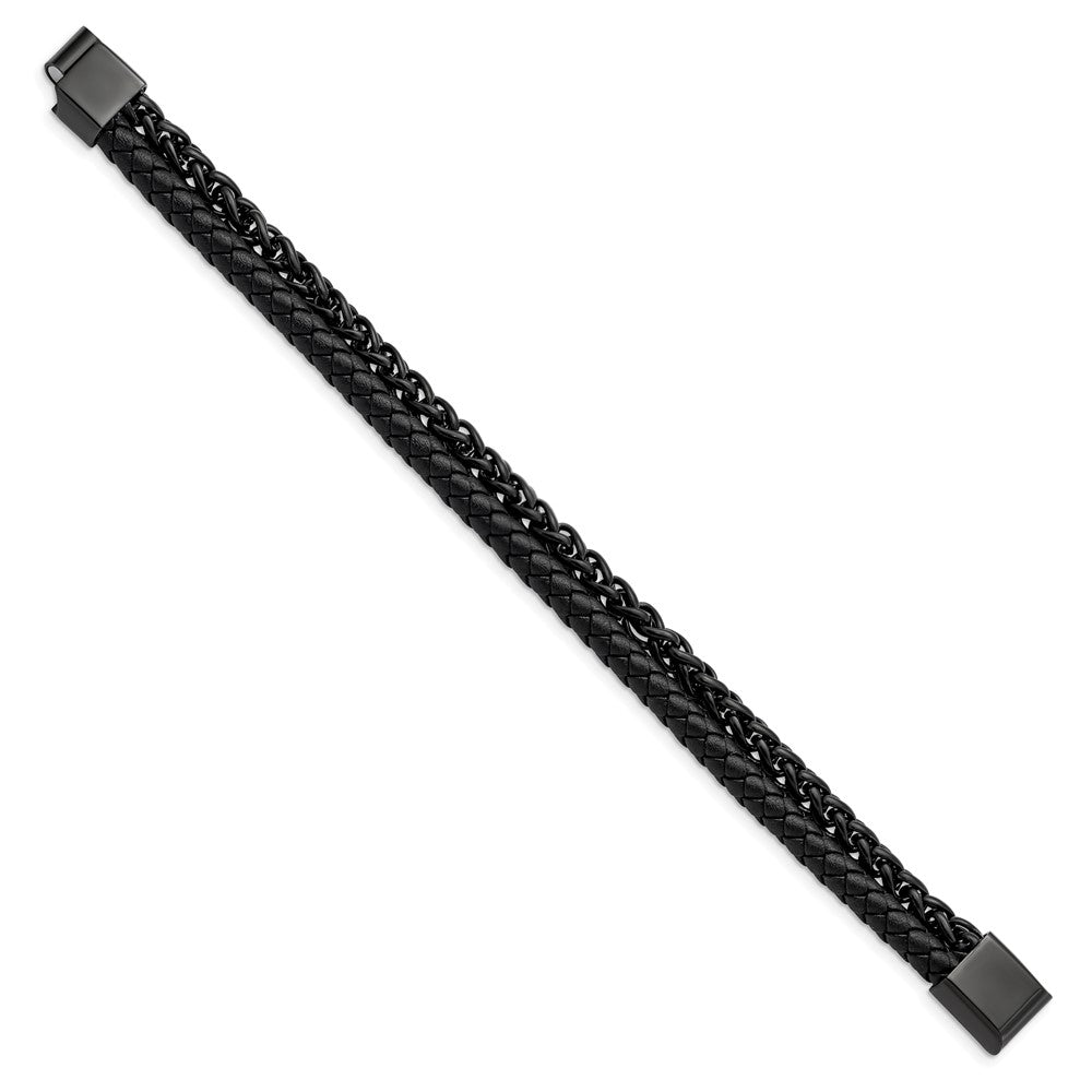 Stainless Steel Polished Black IP-plated Chain Black Leather 8.5in Bracelet 8.5 inches