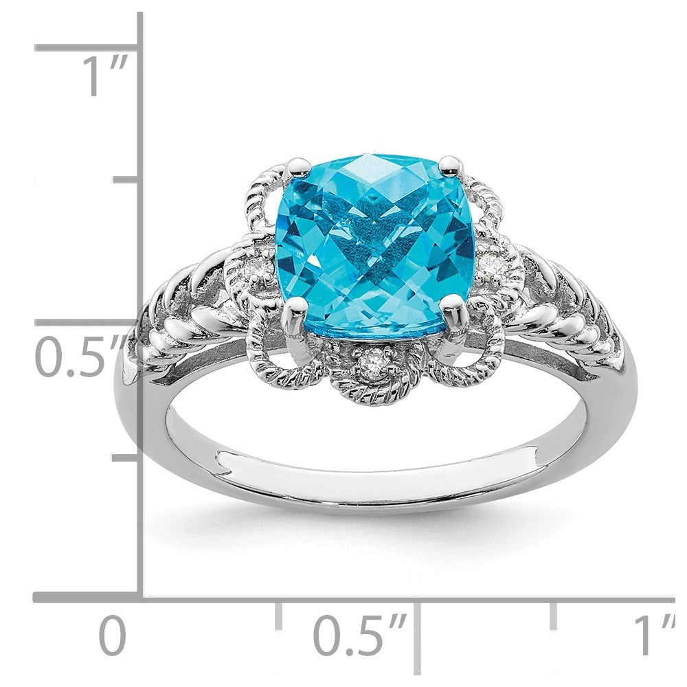 Sterling Silver Rhodium Checker-Cut Blue Topaz & Diam. Ring