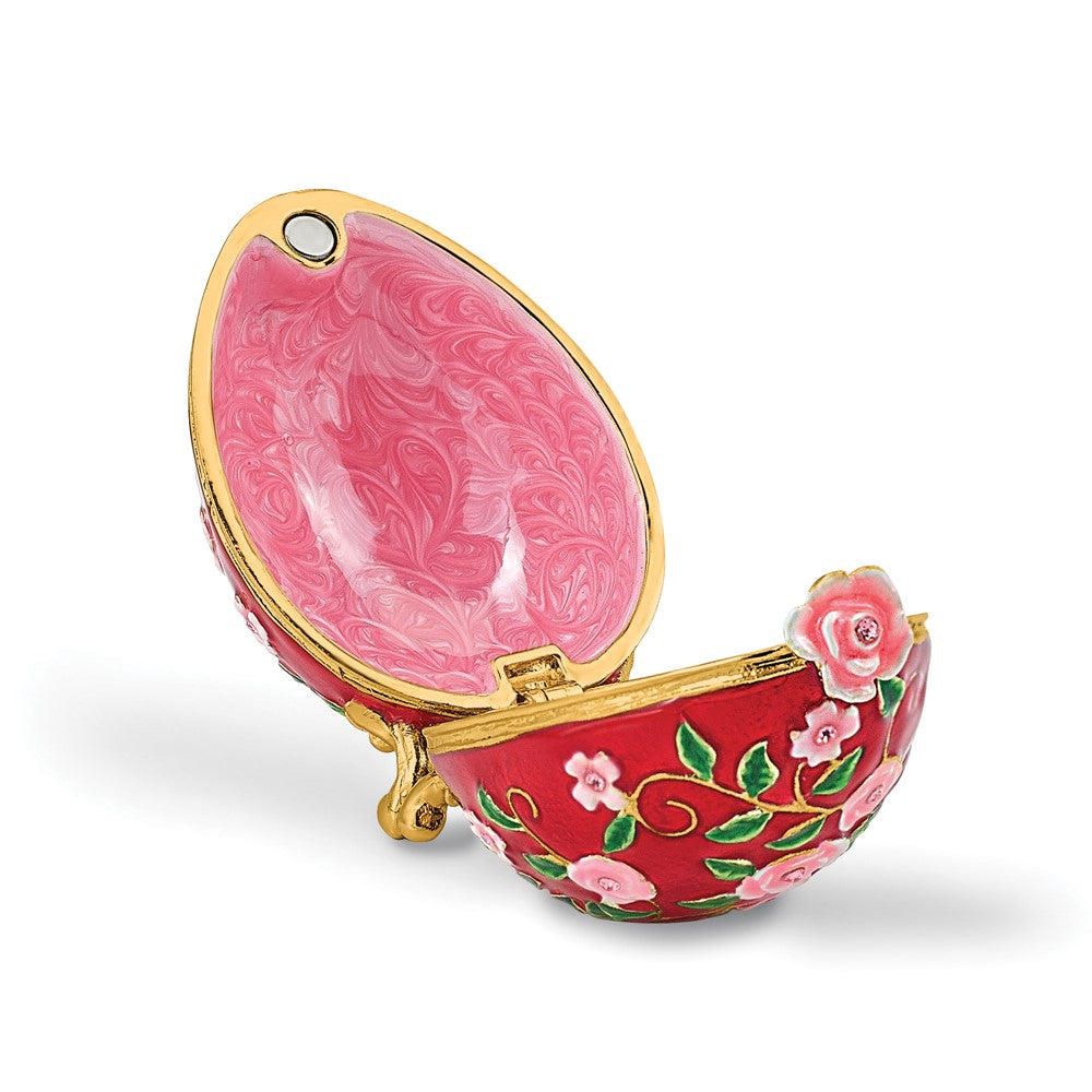 Luxury Giftware by Jere Bejeweled BLOOMER Red Floral Egg Trinket Box with Matching 18 inch Necklace