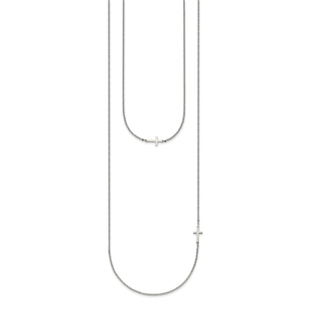 Stainless Steel Layered Sideways Cross 18in Necklace