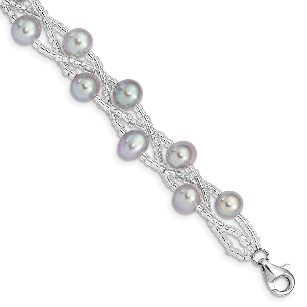 Sterling Silver Rhodium-plated 7-9mm Grey Semi-Round Freshwater Cultured Pearl and Glass Beaded 7.5 inch Bracelet 7.5 inches