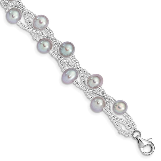 Sterling Silver Rhodium-plated 7-9mm Grey Semi-Round Freshwater Cultured Pearl and Glass Beaded 7.5 inch Bracelet 7.5 inches