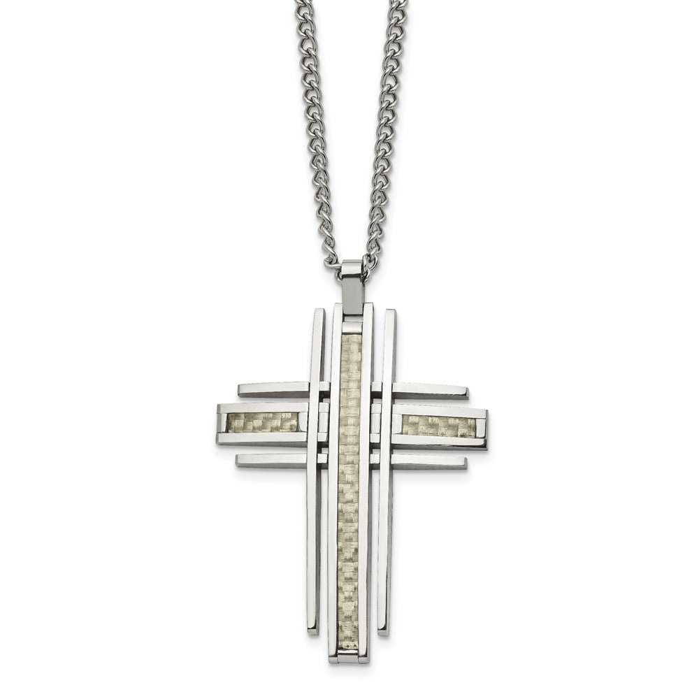 Stainless Steel Polished w/Grey Carbon Fiber Inlay Cross 24in Necklace