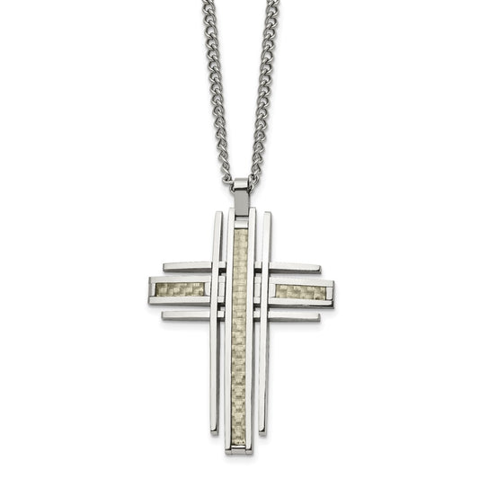 Stainless Steel Polished w/Grey Carbon Fiber Inlay Cross 24in Necklace