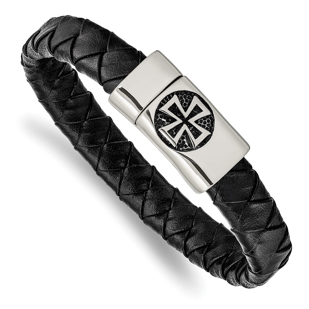 Stainless Steel Antiqued and Polished Cross Black Leather 8.5in Bracelet 8.5 inches