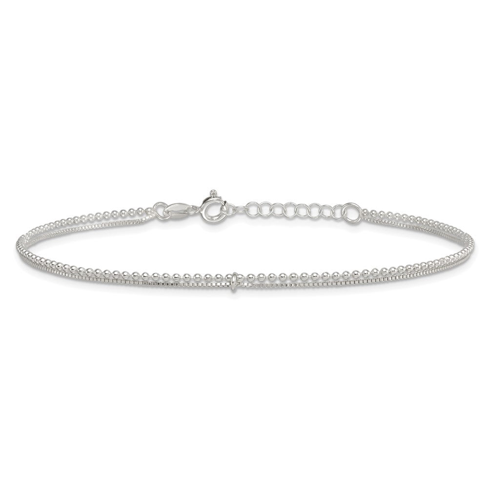 Sterling Silver Polished Beaded Double Strand 9 inch with 1 inch Extension Anklet