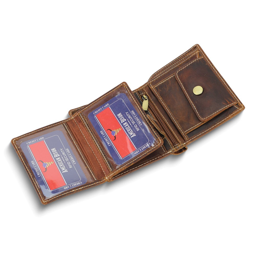 Brown Oiled Leather RFID Blocking Euro Wallet with Center Flap, Zippered Slot, and Snap Coin Pocket