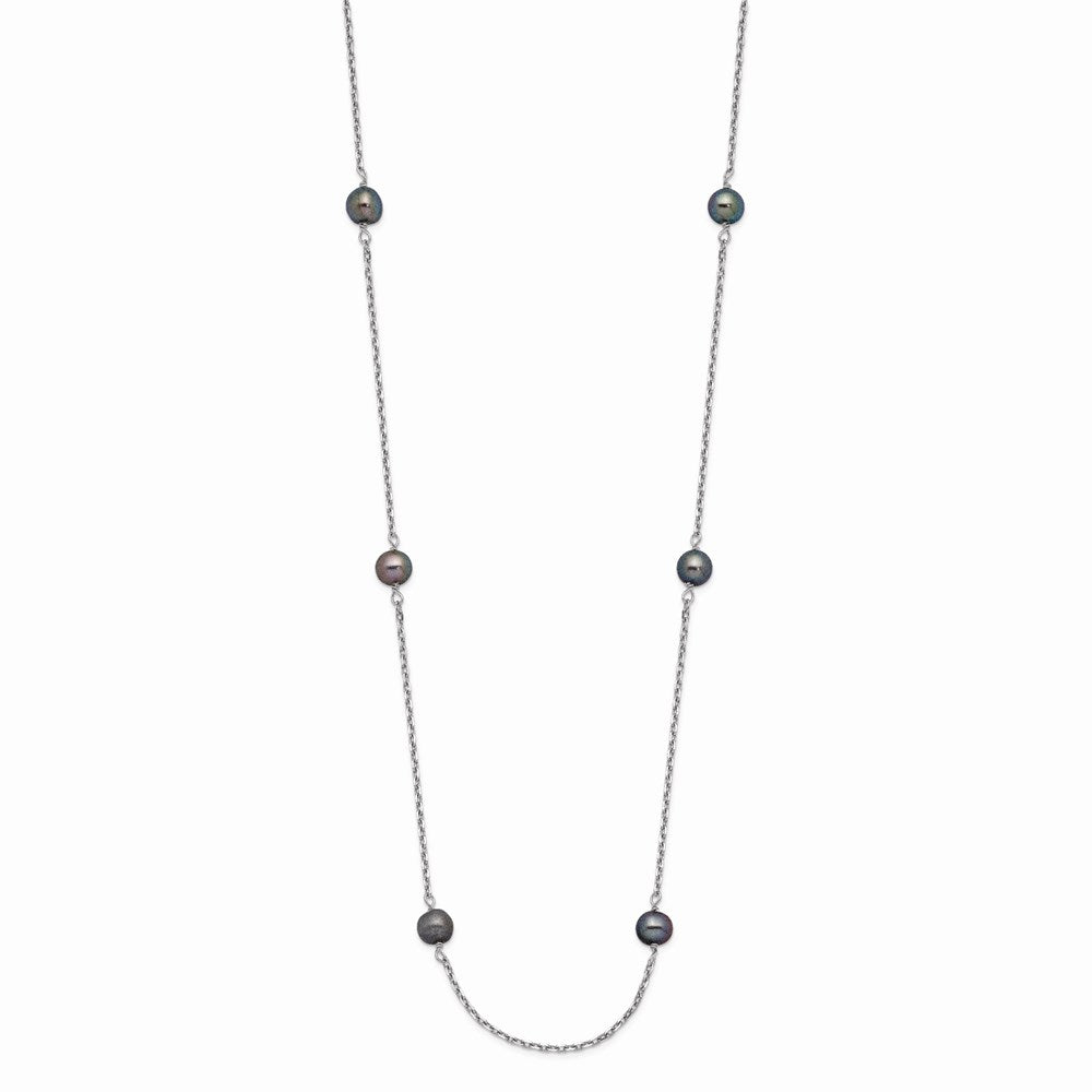 14k White Gold 4-5mm Black Near Round Freshwater Cultured Pearl 8-station 18 inch Necklace