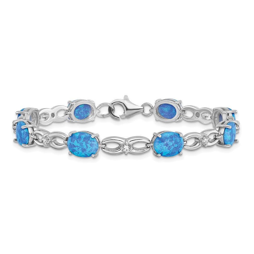 Sterling Silver Rhodium-plated Polished Blue Created Opal & CZ Bracelet 7.25 inches