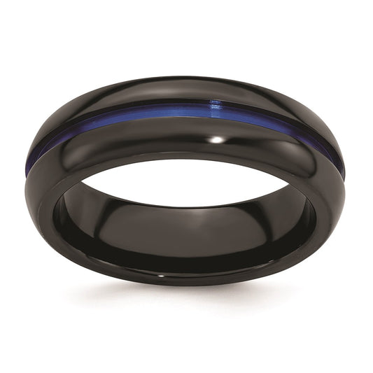 Edward Mirell Black Ti with Blue Anodized Center Stripe Domed 7mm Band