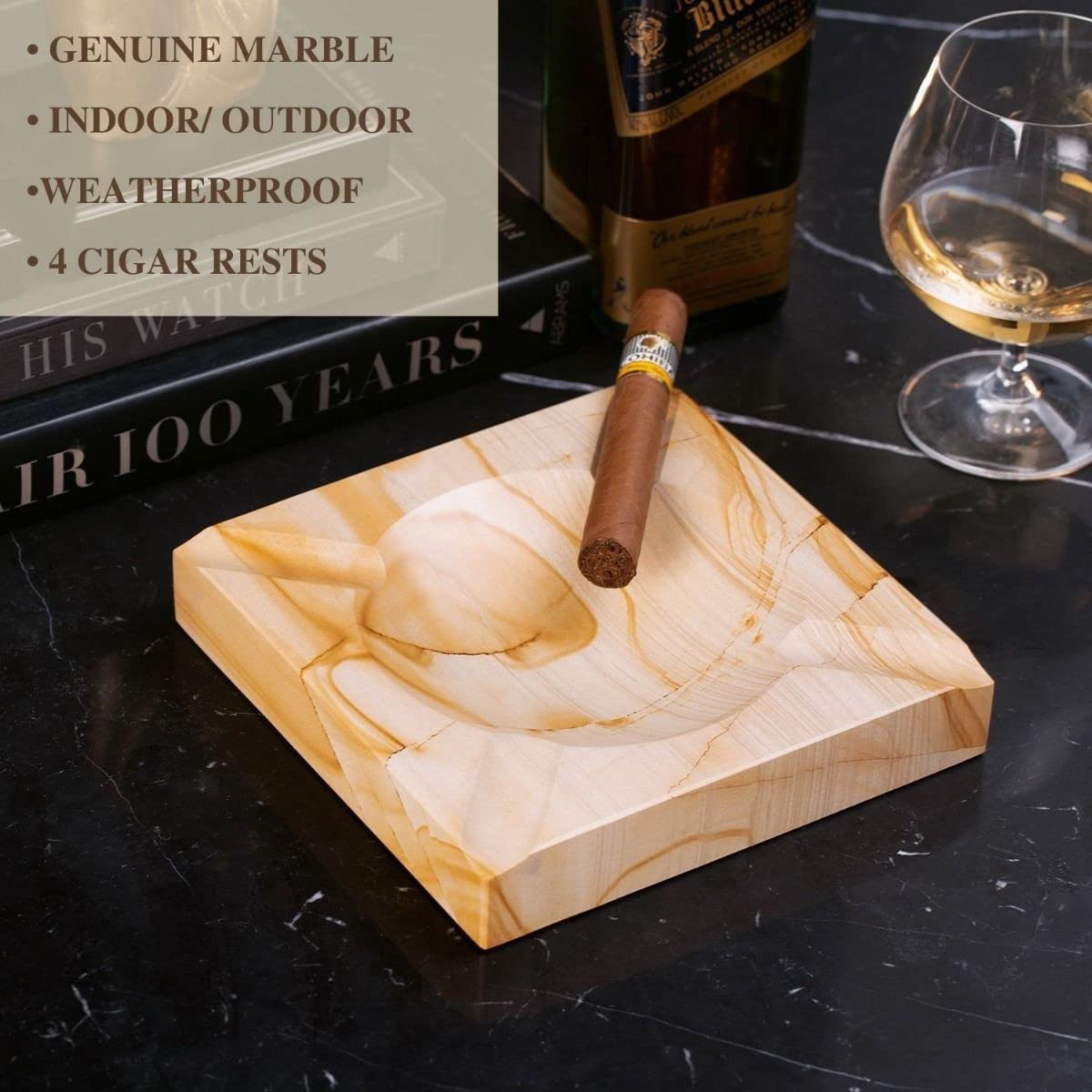 Handcrafted Black Solid Marble Square Cigar Ashtray QGL8463