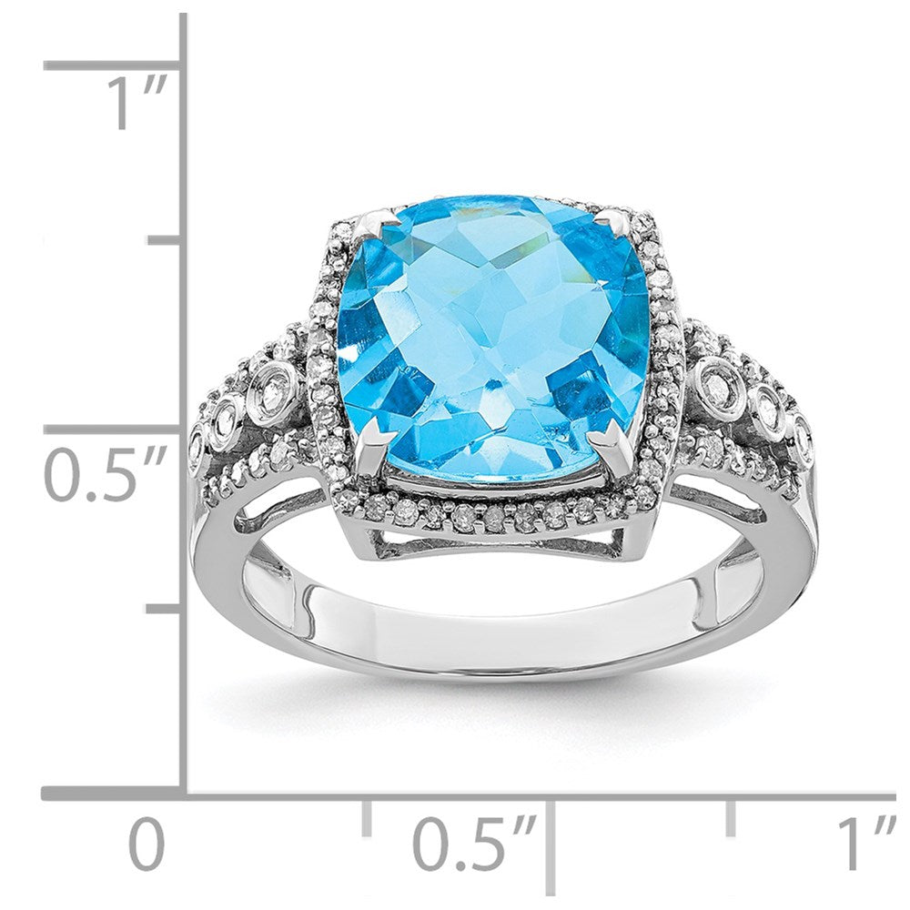 Sterling Silver Rhodium Checker-Cut Blue Topaz & Diam. Ring