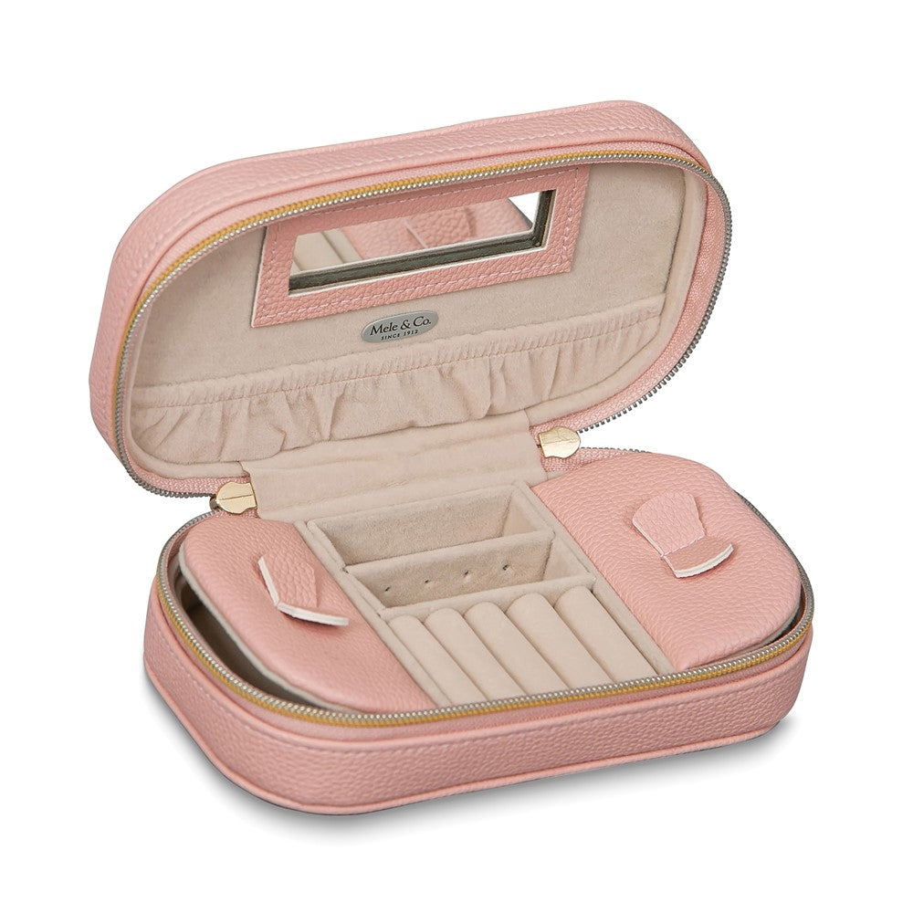 Pink Vegan Leather Multiple Compartment Zippered Travel Jewelry Case