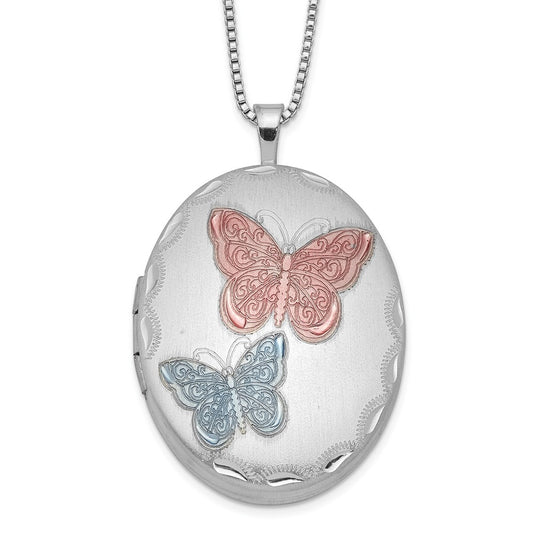 Sterling Silver RH-plated 26mm Enameled Butterfly Oval Locket Necklace 18 Inches