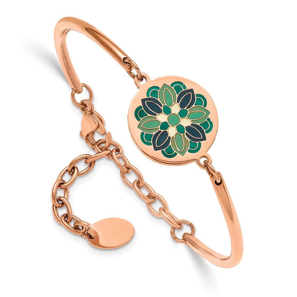Stainless Steel Polished Rose IP w/Enamel Flower w/2in ext Bracelet 5.5 inches