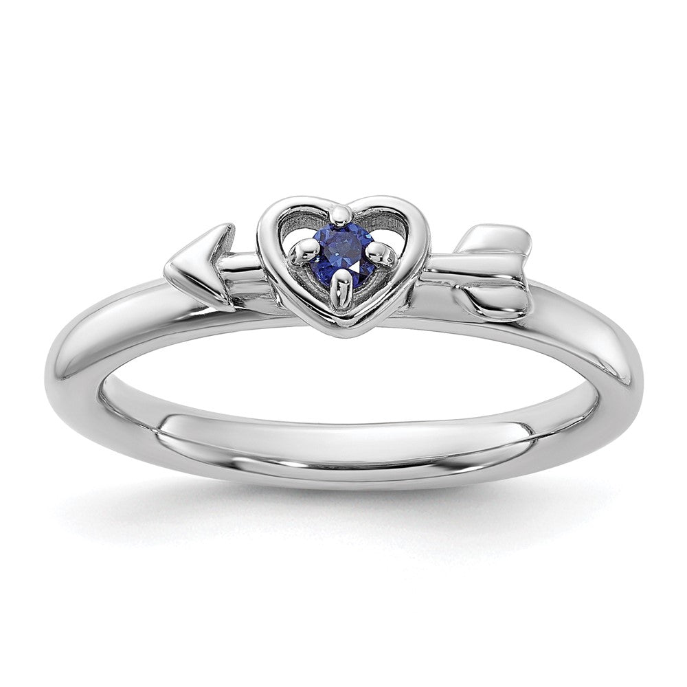 Sterling Silver Stackable Expressions Rhodium-plated Created Sapphire Heart with Arrow Ring Size -8