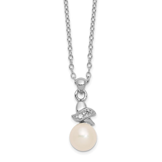 Sterling Silver Rhodium-plated 6-7mm White Button Freshwater Cultured Pearl and CZ 17 inch Necklace 17 Inches