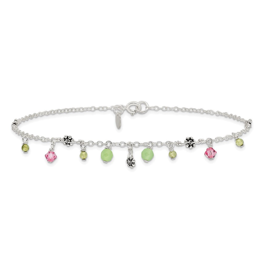 Sterling Silver 9in Pink Crystal Green Quartz Peridot Beads Anklet 9 inches