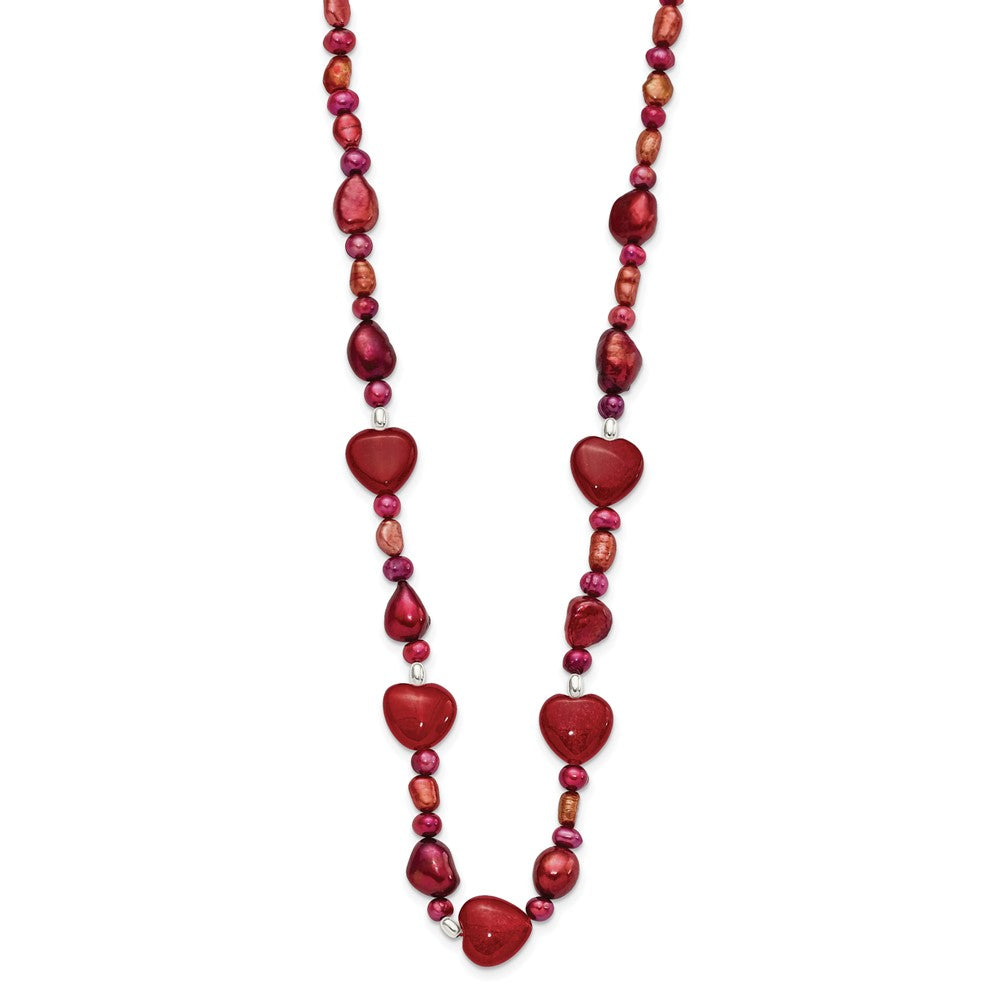 Sterling Silver Red Jade Hearts/FW Cultured Pearl Necklace 17 Inches
