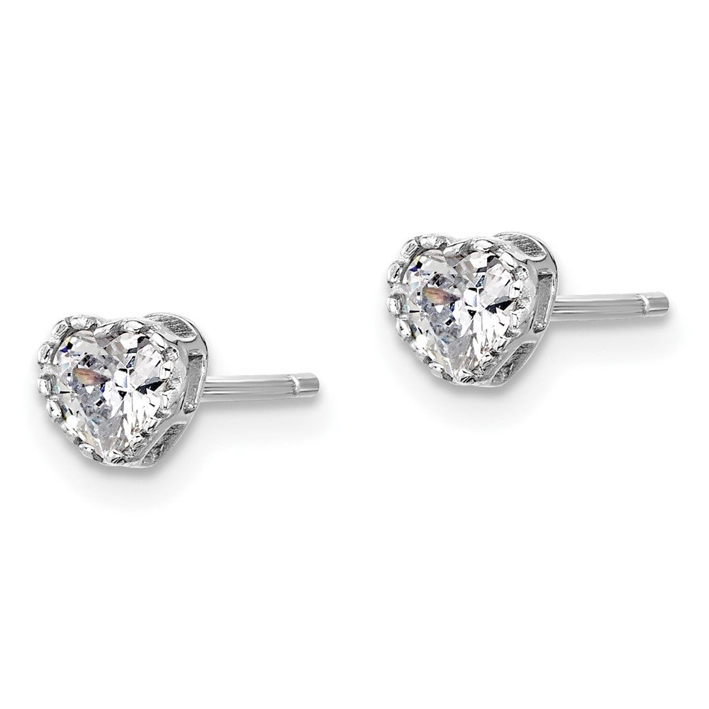 Sterling Silver Rhodium-plated Polished CZ Heart Children's 13in w/2in Ext. Necklace & Stud Earring Set
