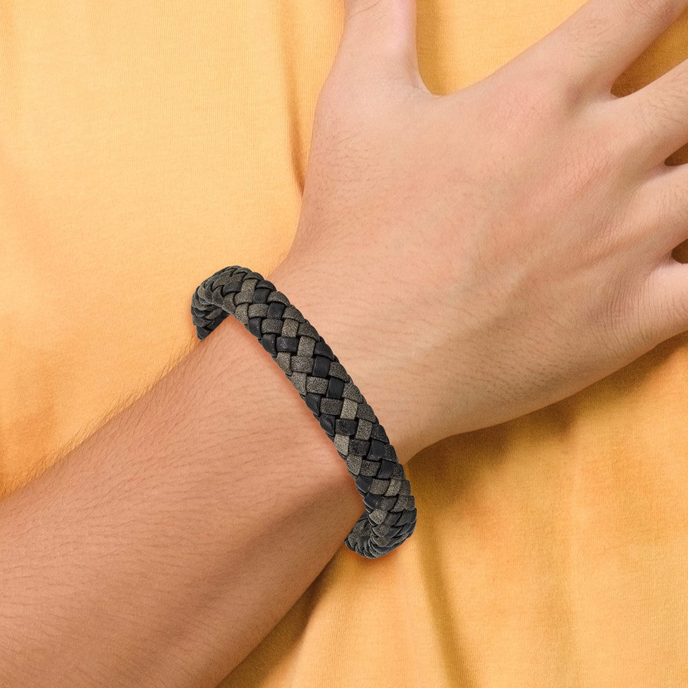 Stainless Steel Brushed Gun Metal IP-plated Brown Leather 8.25in Bracelet 8.25 inches
