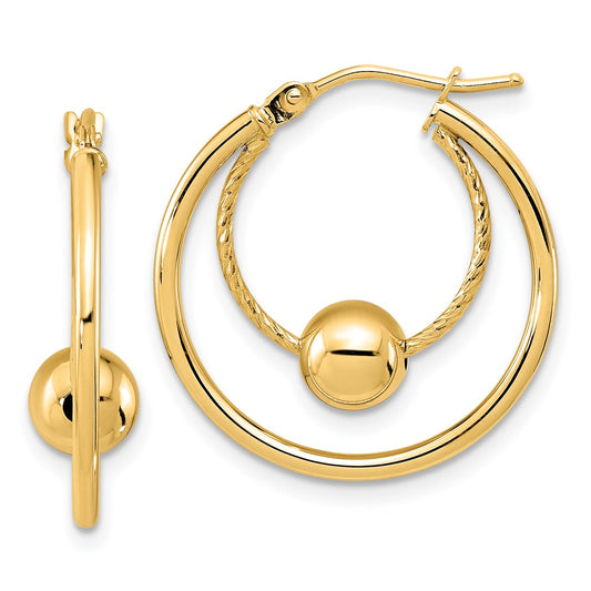 14K Polished Textured w/ 6mm Ball Hoop Earrings