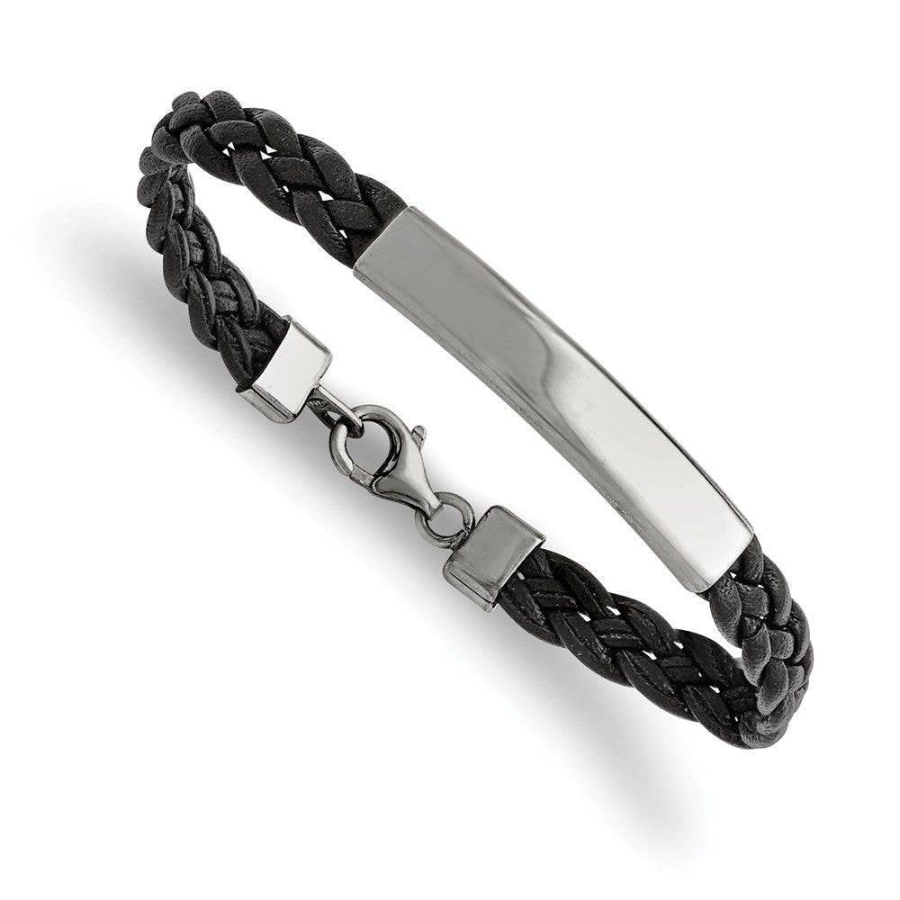 Stainless Steel Polished Black Leather 7.25in ID Bracelet 7.25 inches