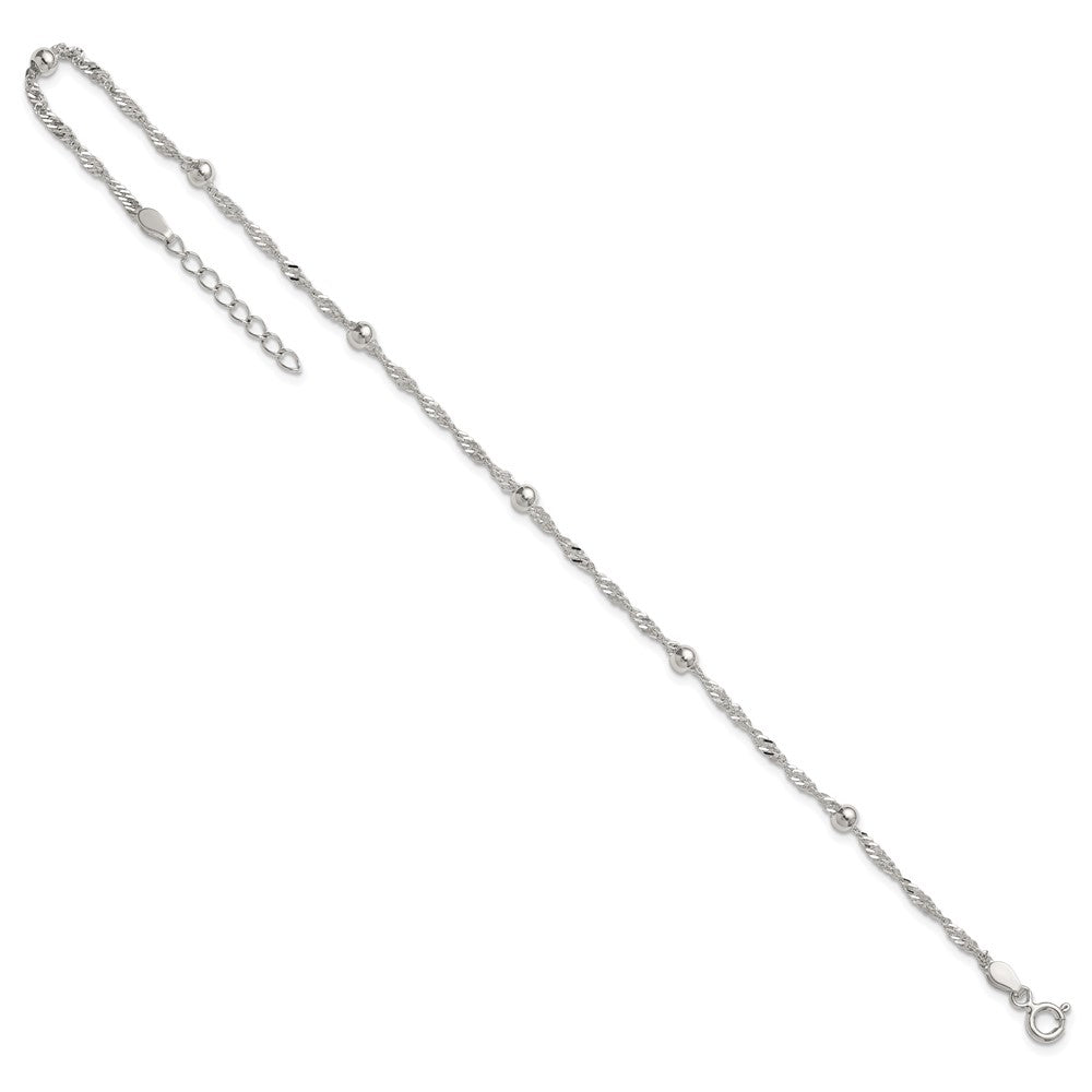 Sterling Silver Polished and Beaded 6-Station Fancy Link 9 inch with 1 inch Extension Anklet