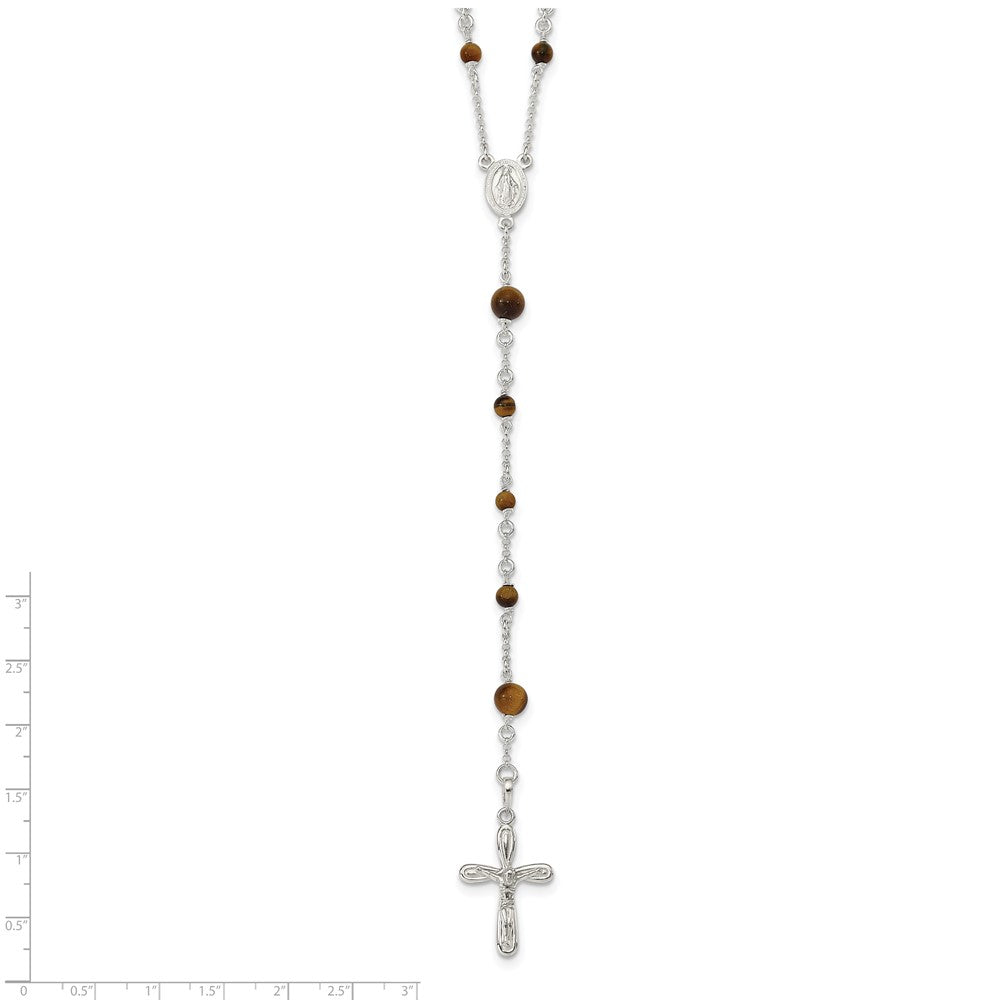 Sterling Silver Polished Tiger Eye Bead Rosary 33 inch Necklace 33 Inches