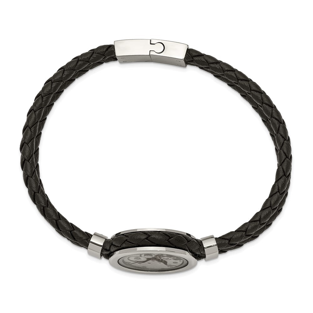 Stainless Steel Brushed & Polished Yellow IP w/CZ & Leather 8.5in Bracelet 8.5 inches