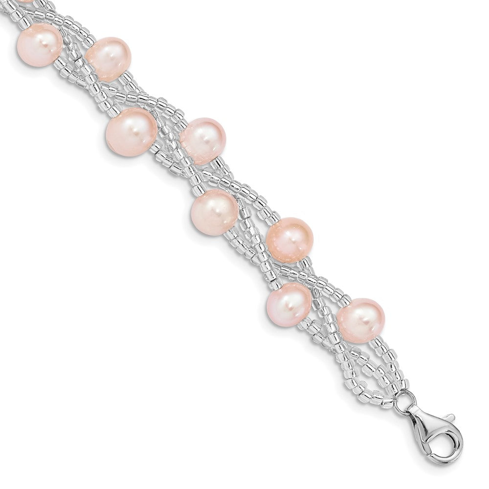 Sterling Silver Rhodium-plated 7-9mm Pink Semi-Round Freshwater Cultured Pearl and Glass Beaded 7.5 inch Bracelet 7.5 inches
