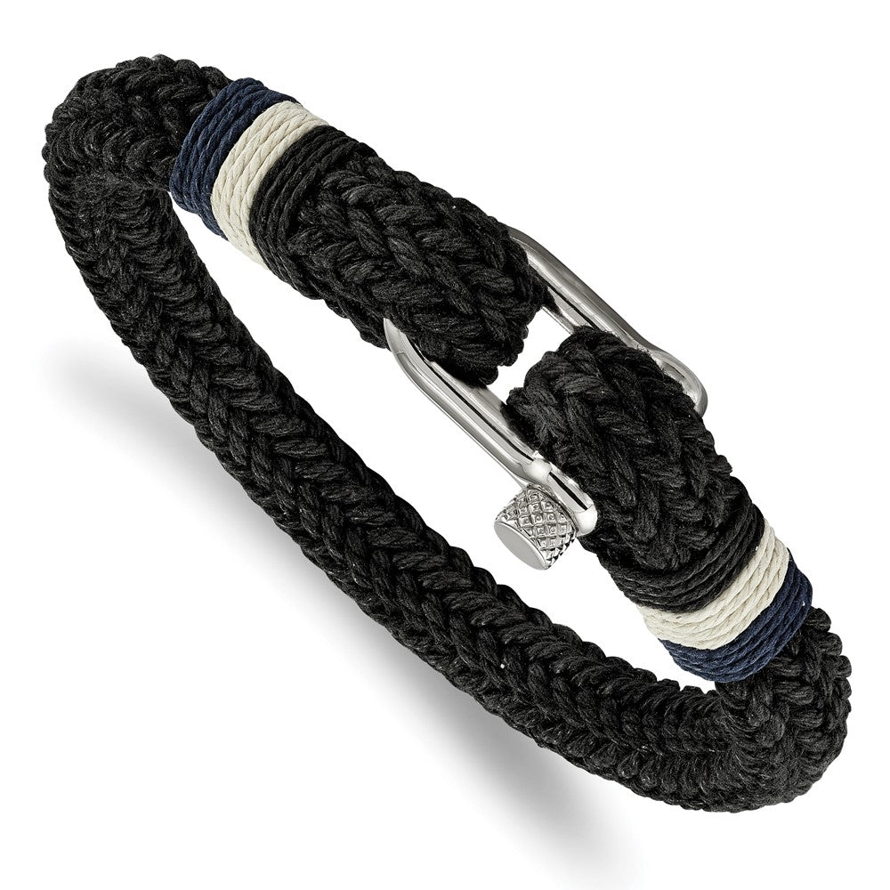 Stainless Steel Polished Woven Black Cotton 8.5in Bracelet 8.5 inches
