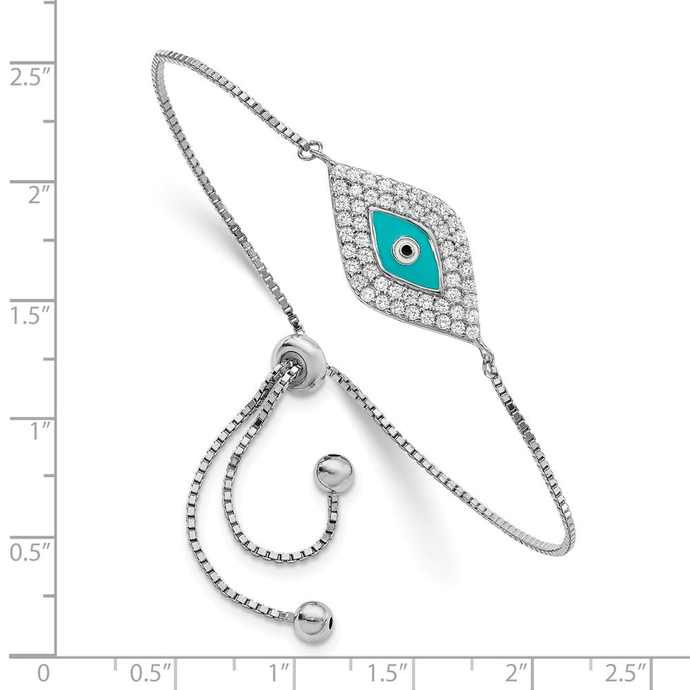 Sterling Silver Rhodium-plated CZ Blue Enamel Eye Adjustable Bracelet 7.5 inches