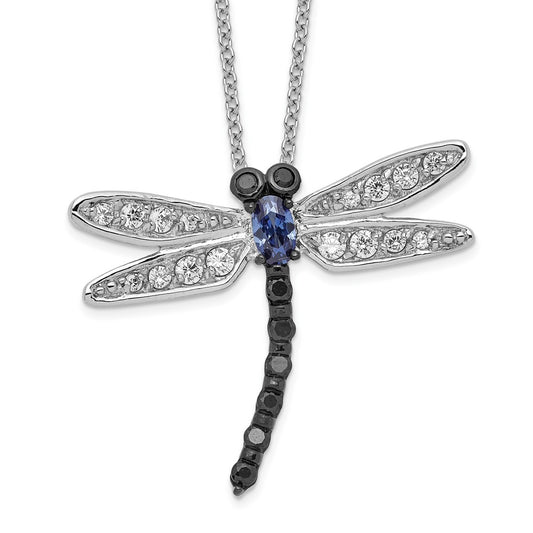 Cheryl M Sterling Silver Rhodium-plated with Black Rhodium Accent Brilliant-cut Black White and Blue CZ Dragonfly 18 Inch Necklace 18 Inches