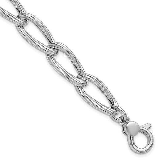 SS RH-plated Polished/Grooved Link w/.75in ext. Bracelet 7.75  inches