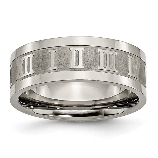 Titanium Satin Center 8mm Roman Numerals Flat Band Size - 11