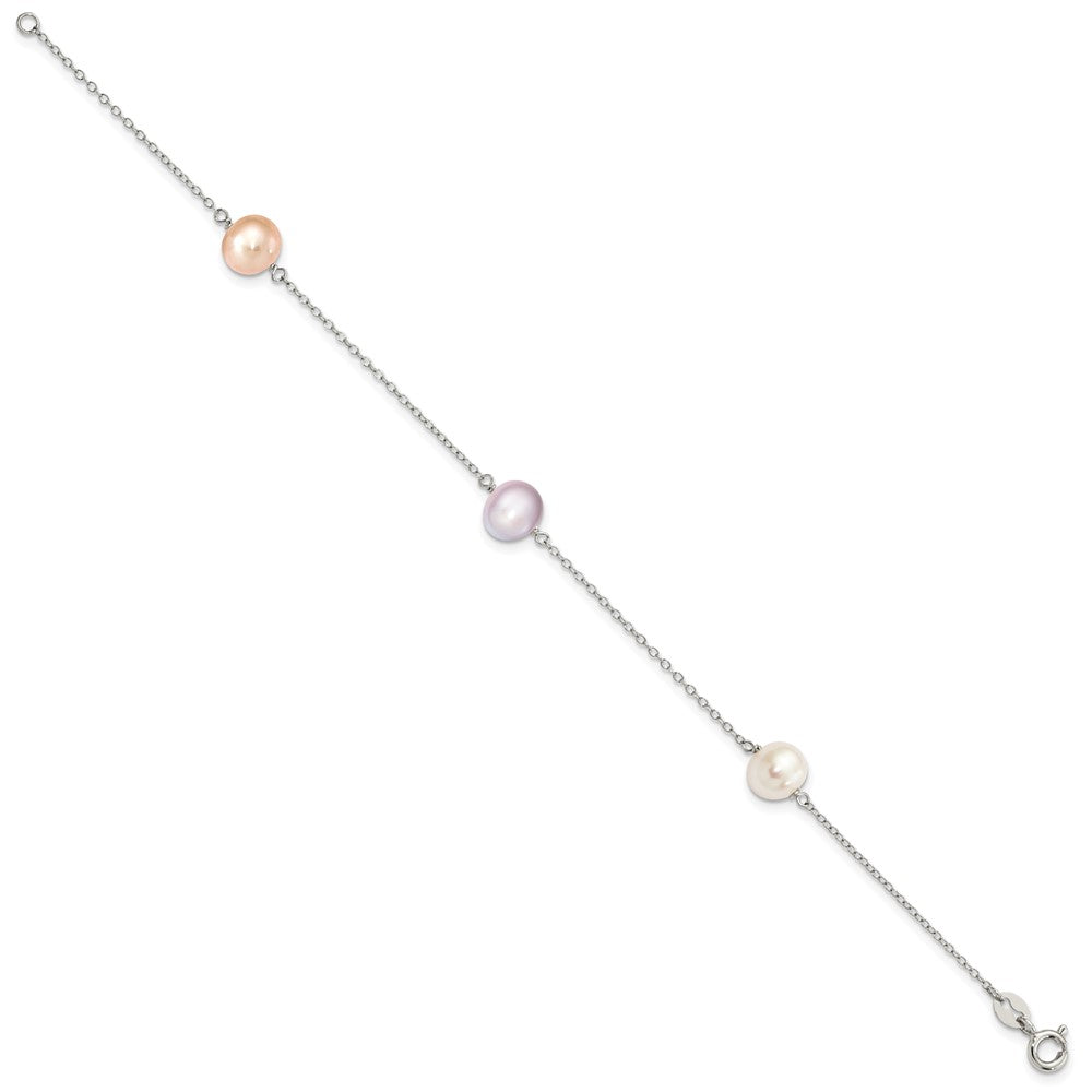 Sterling Silver Rhodium-plated 7-8mm White, Pink and Purple Semi-Round Freshwater Cultured Pearl 3-Station 7.5 inch Bracelet 7.5 inches