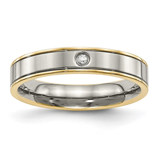 Titanium Polished Yellow IP-plated w/CZ 5mm Grooved Comfort Fit Band Size - 6