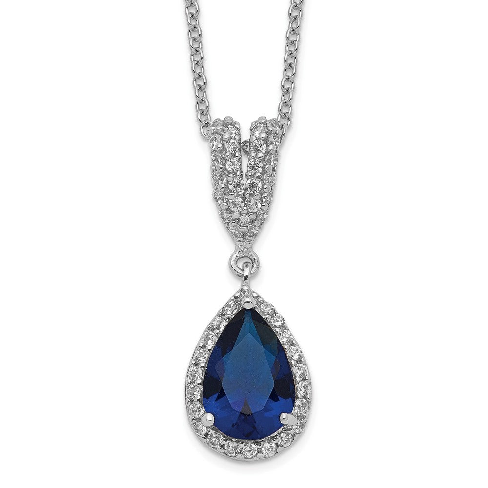 Cheryl M Sterling Silver Rhodium-plated Brilliant-cut Lab Created Dark Blue Spinel and Brilliant-cut White CZ Teardrop Halo 18 Inch Necklace 18 Inches