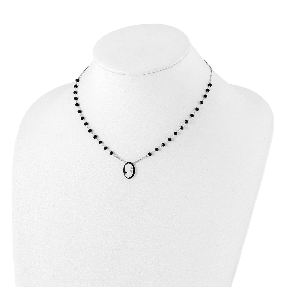 Sterling Silver Rh-plated Black Glass Beads Resin Cameo 1.5in ext.