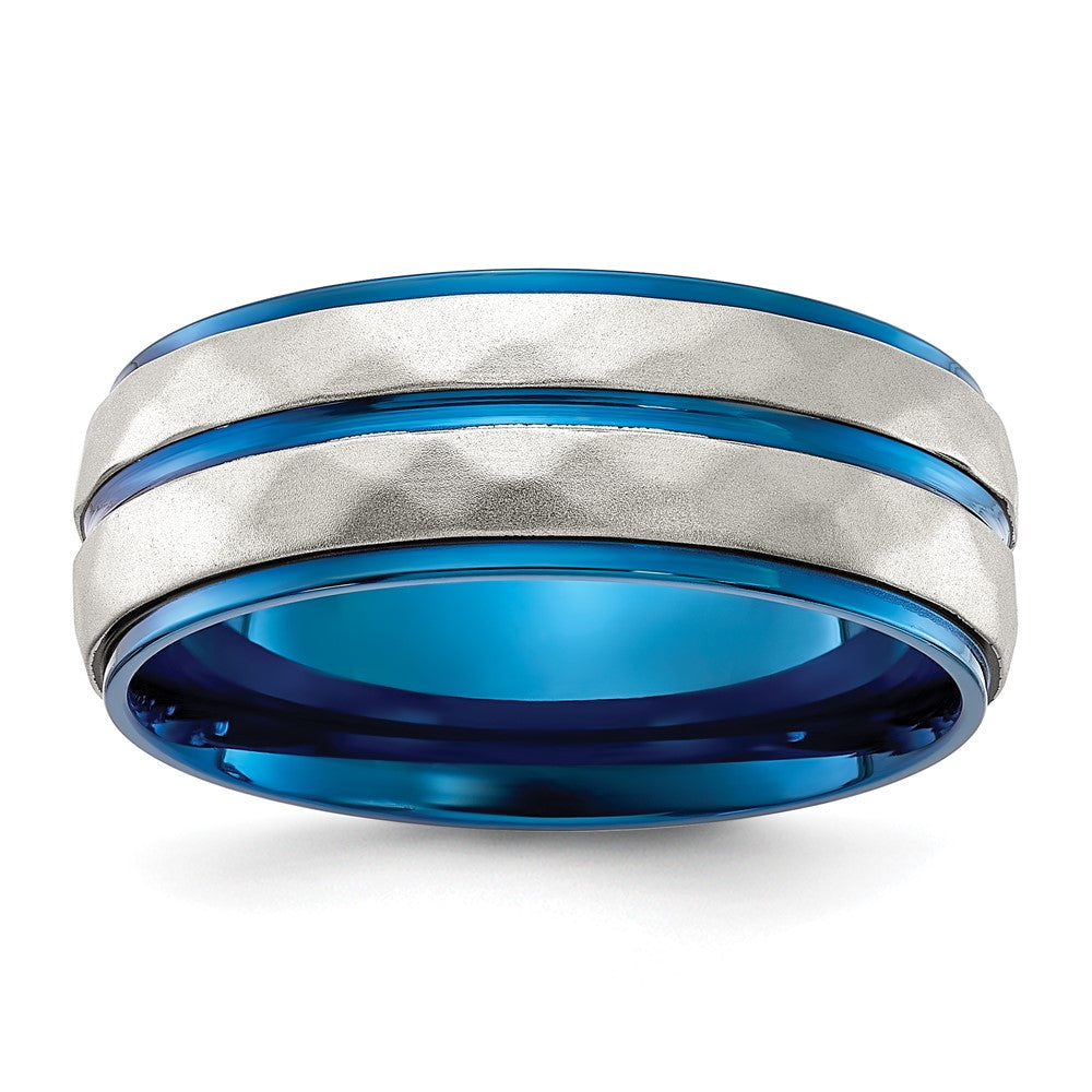 Chisel Stainless Steel Polished and Sand-blasted Faceted Blue IP-plated 8mm Band Size - 10.5