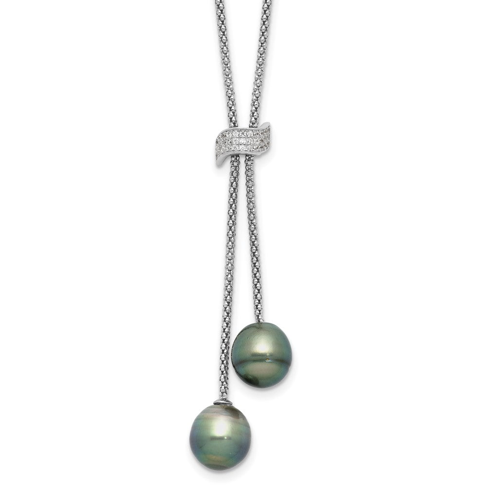 Sterling Silver Rhodium-plated 7-8mm Black Teardrop Tahitian Saltwater Cultured Pearl and CZ Dangle 18 inch with 2 inch Extension Necklace 18 Inches