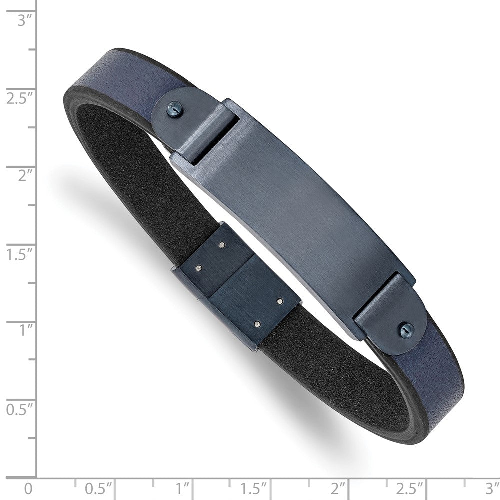 Stainless Steel Brushed Dark Grey IP-plated Blue Leather 8.5in ID Bracelet 8.5 inches