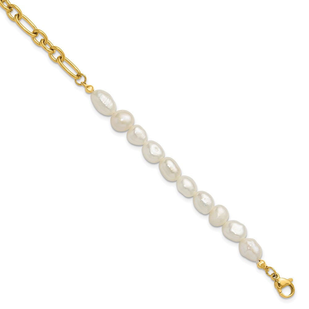 Chisel Stainless Steel Polished Yellow IP-plated with Half White Freshwater Cultured Pearl 8.25 inch Bracelet 8.25 inches