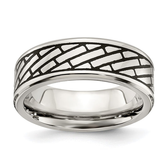 Stainless Steel Antiqued and Polished Brick Pattern 7.5mm Band Size - 11