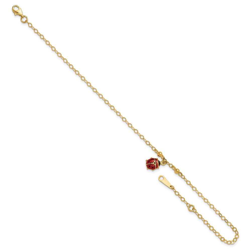 14K Adjustable Enameled Ladybug 9in Plus 1in ext. Anklet 10 inches