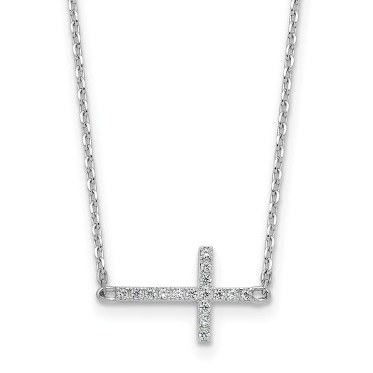 Sterling Shimmer Sterling Silver Rhodium-plated 1.1mm CZ 16 Stone Sideway Cross 16 inch with 2 inch Extension Necklace 16 Inches